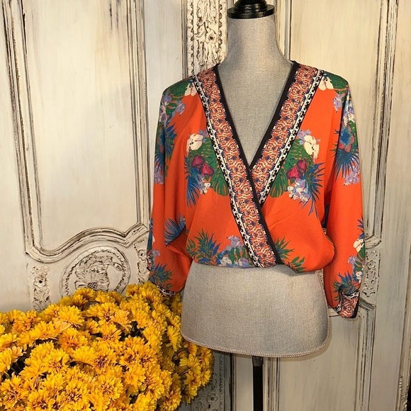 Flying Tomatoes Colorful Tropical Print Faux Wrap Top Vacation Boho Kimono S/XS - Picture 1 of 7